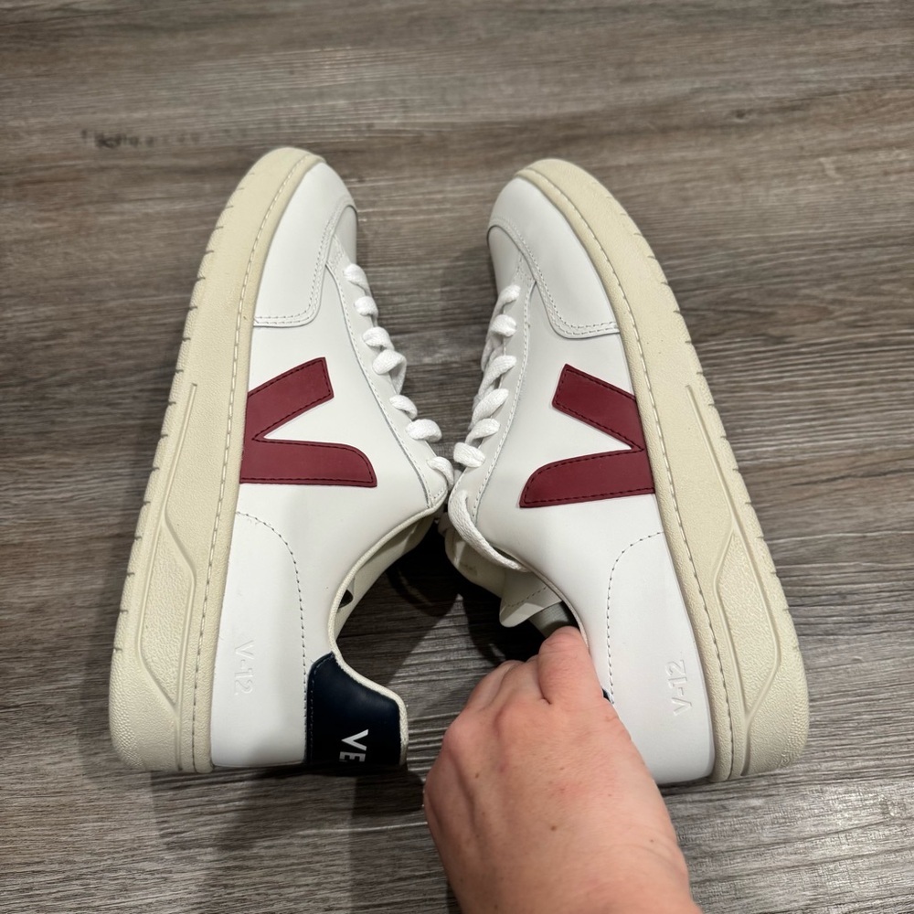 Veja V-12 White Navy Red Lace Up Leather Sneakers - Picture 7 of 9